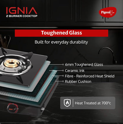 Pigeon Ignia 2 Burner Gas Stove | Brass Burner | Easy Cleaning | Toughened Glass