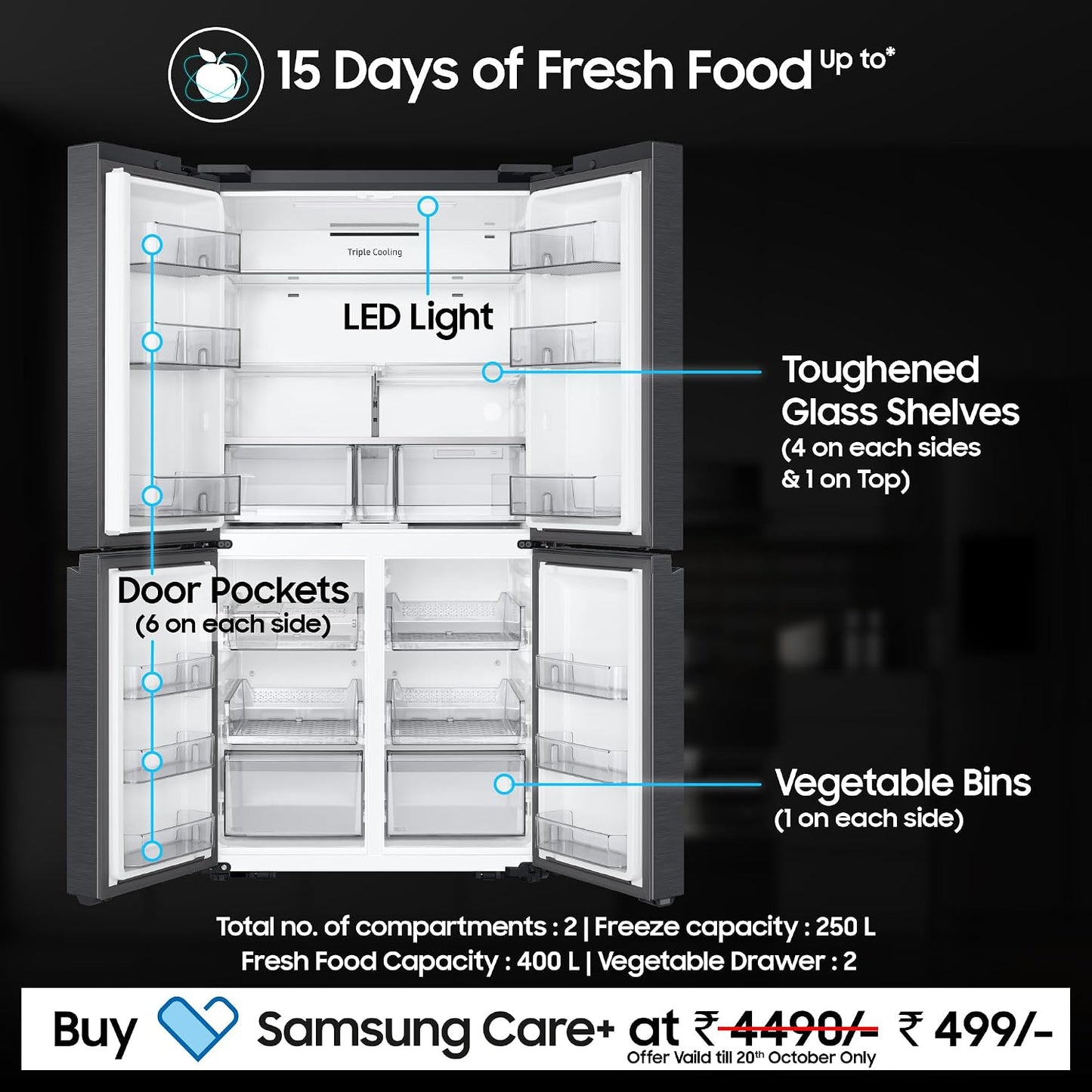 Samsung Smart Choice 650 L, Convertible, Digital Inverter, Frost Free, French Door Refrigerator (RF65DG90BDSGTL, Black, Black Caviar)