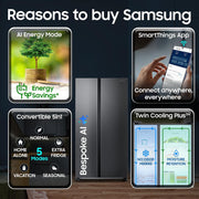 Samsung 653 L, 3 Star, Frost Free, Double Door, Convertible 5-in-1 Digital Inverter, Side By Side AI Enabled Smart Refrigerator with WiFi (RS76CG8003S9HL, Silver, Refined Inox)