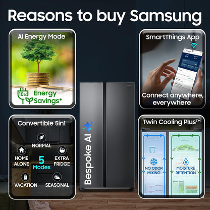 Samsung 653 L, 3 Star, Frost Free, Double Door, Convertible 5-in-1 Digital Inverter, Side By Side AI Enabled Smart Refrigerator with WiFi (RS76CG8003S9HL, Silver, Refined Inox)