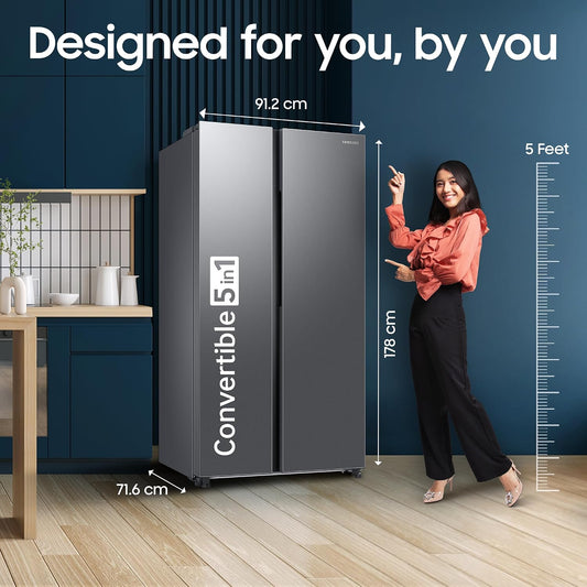 Samsung 653 L, 3 Star, Frost Free, Double Door, Convertible 5-in-1 Digital Inverter, Side By Side AI Enabled Smart Refrigerator with WiFi (RS76CG8003S9HL, Silver, Refined Inox)