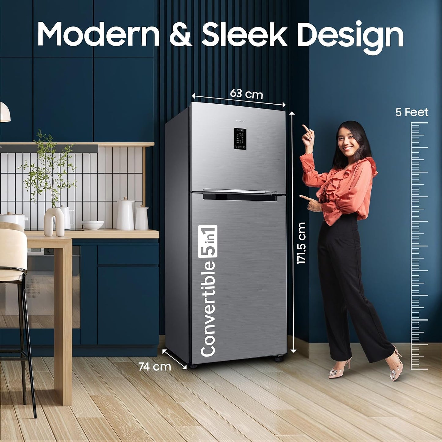 Samsung 301 L Frost Free Double Door 2 Star Refrigerator with Convertible 5-in-1, Digital Inverter, Digital Display, 2026 Model (REFINED INOX, RT31H4522S9/HL)