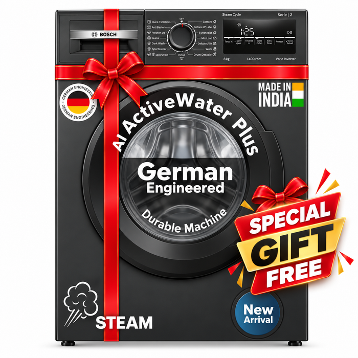 Bosch 8 kg 5 Star Front Load Fully-Automatic Washing Machine, AI ActiveWater,15 Wash Programs, Removes 99.9% Germs with Steam, No Tangle or Wrinkle, Zero Vibration, Black/Grey, WAJ2826CIN