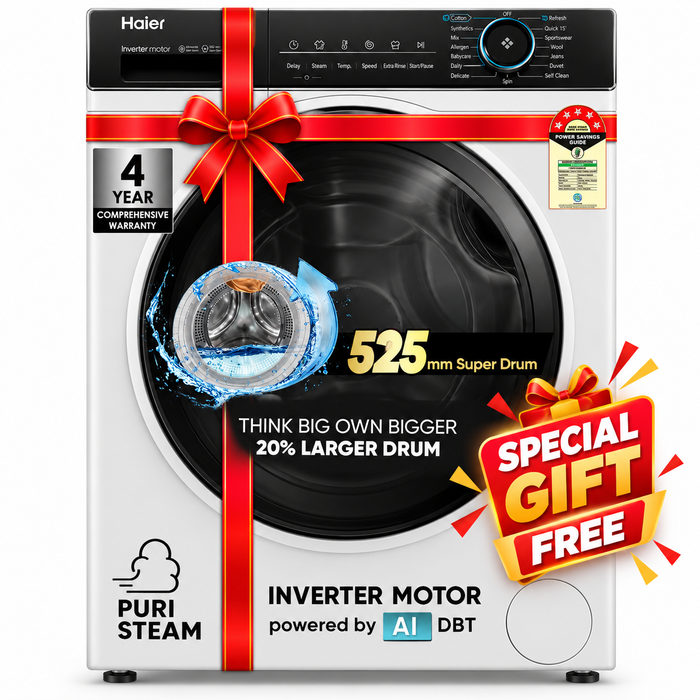 Haier 8 kg 5 Star with Powered by AI-DBT, PuriSteam, 525 mm Super Drum, Inverter Motor, Inbuilt Heater, Washer Fully Automatic Front Load Black, White (HW80-IM12929C)