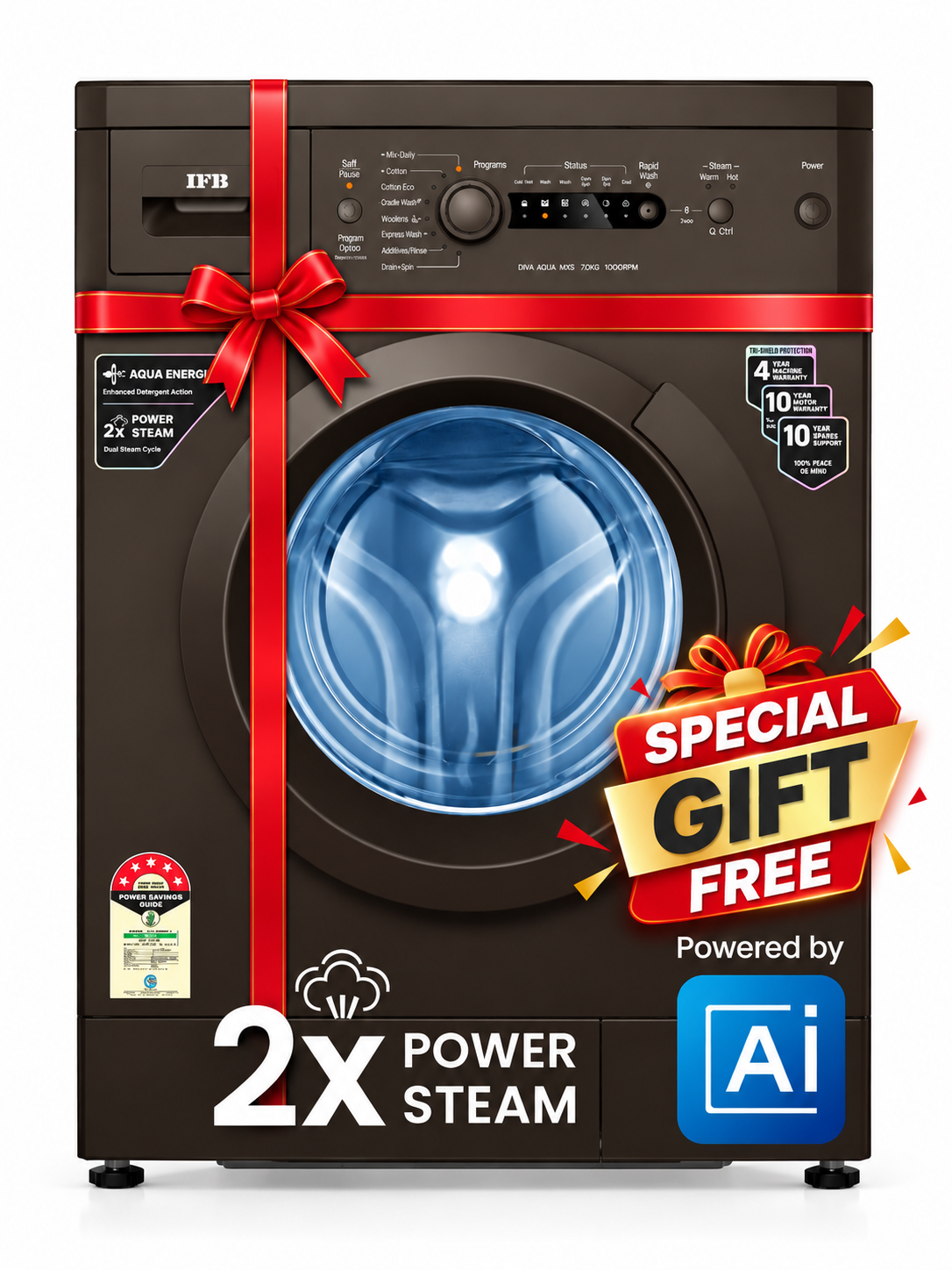IFB 7 kg Powered by AI, 5 Star,� with 2x Steam Cycle Fully Automatic Front Load with In-built Heater Brown (DIVA AQUA MXS 7010)
