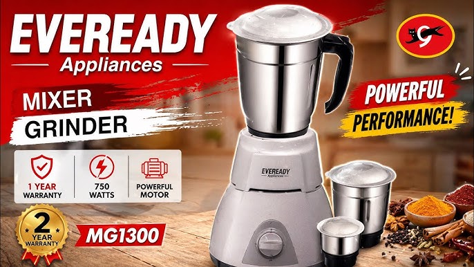 EVEREADY Stainless Steel 3 Jar Mixer Grinder, For Dry Grinding, 750 W (MG1300)