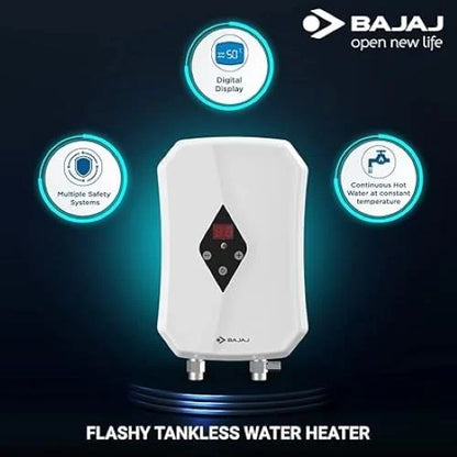 Tankless Instant Water Geyser (BAJAJ FLASHY 3 KW Slim Digital Temperature Geyser, White) (White)
