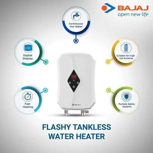 Tankless Instant Water Geyser (BAJAJ FLASHY 3 KW Slim Digital Temperature Geyser, White) (White)
