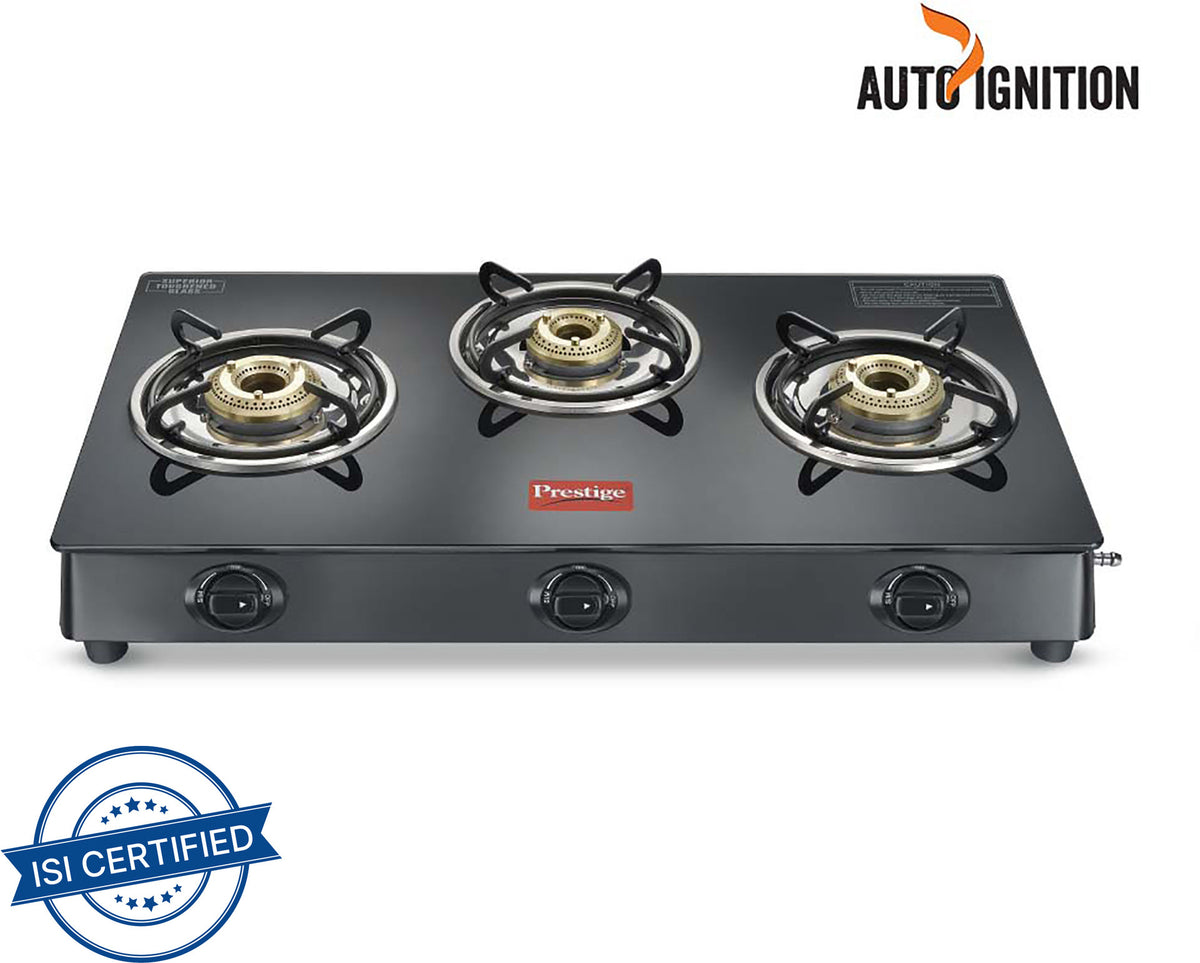 Prestige Atlas Plus High Effient Brass burner & Toughened Glass Automatic Gas Stove (3 Burners)