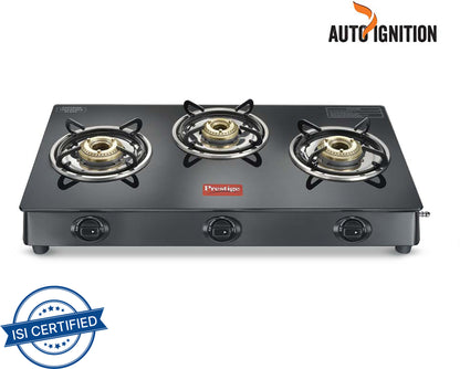 Prestige Atlas Plus High Effient Brass burner & Toughened Glass Automatic Gas Stove (3 Burners)