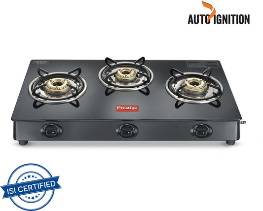 Prestige Atlas Plus High Effient Brass burner & Toughened Glass Automatic Gas Stove (3 Burners)