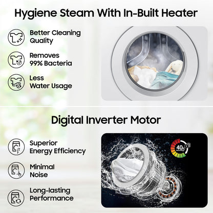 Samsung 7 kg 5 star, Hygiene Steam with Inbuilt Heater, LED Display, Diamond Drum, Digital Inverter Fully Automatic Front Load Silver (WW70R20GLSS/TL)