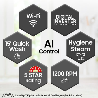 Samsung 7 kg 5 Star, AI Control, Wi-Fi, Digital Inverter Fully Automatic Front Load with In-built Heater Silver (WW70T502NAN1TL)