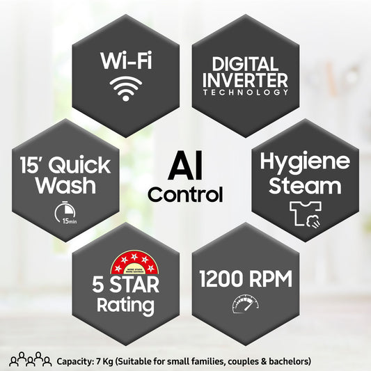 Samsung 7 kg 5 Star, AI Control, Wi-Fi, Digital Inverter Fully Automatic Front Load with In-built Heater Silver (WW70T502NAN1TL)