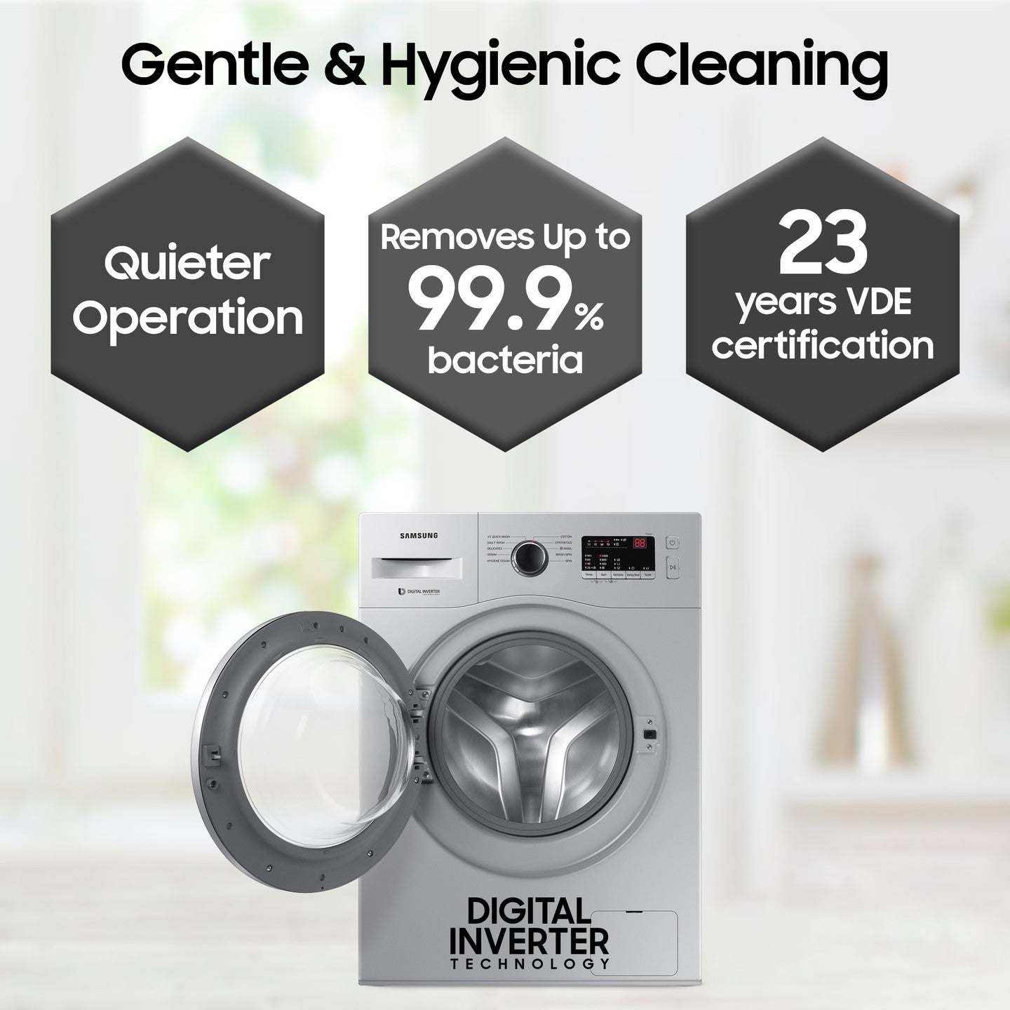 Samsung 7 kg 5 star, Hygiene Steam with Inbuilt Heater, LED Display, Diamond Drum, Digital Inverter Fully Automatic Front Load Silver (WW70R20GLSS/TL)