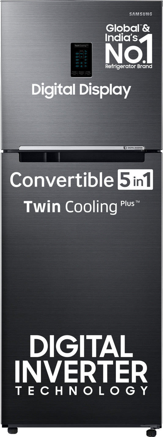 Samsung 301 L, 3 Star, Convertible 5-in-1 Digital Inverter with Display Frost Free Double Door Refrigerator (RT34C4523S9/HL, Silver, Refined Inox)