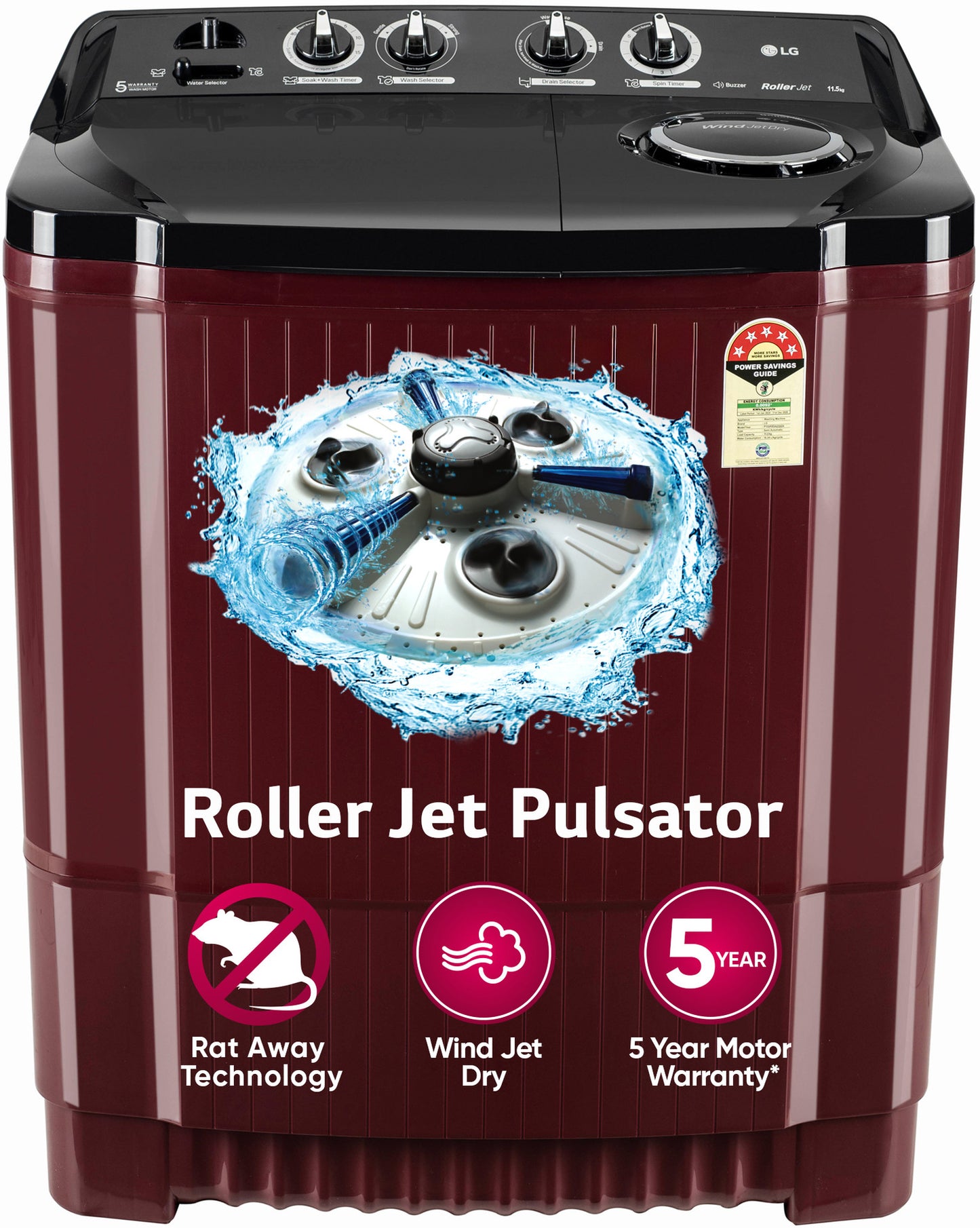 LG 11.5 kg, 5 Star, Roller Jet Pulsator with Soak, Wind Jet Dry Technology, Semi-Automatic Top Load Washing Machine (2025 Model, P115ASDAZ, Smart Filter & Rat Away feature)