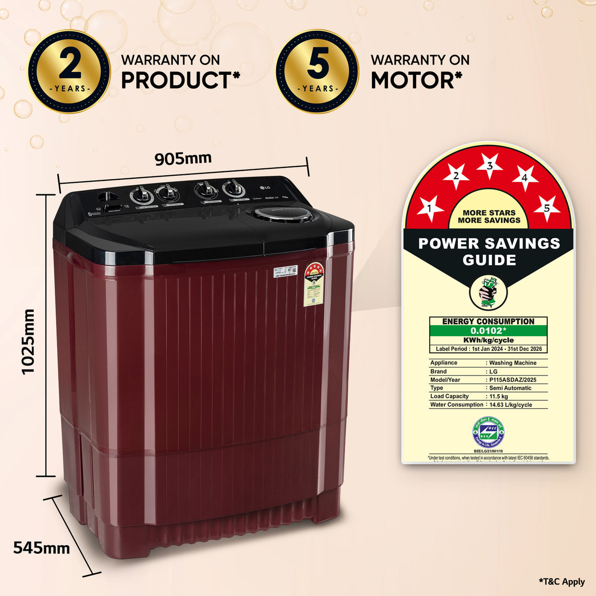 LG 11.5 kg, 5 Star, Roller Jet Pulsator with Soak, Wind Jet Dry Technology, Semi-Automatic Top Load Washing Machine (2025 Model, P115ASDAZ, Smart Filter & Rat Away feature)