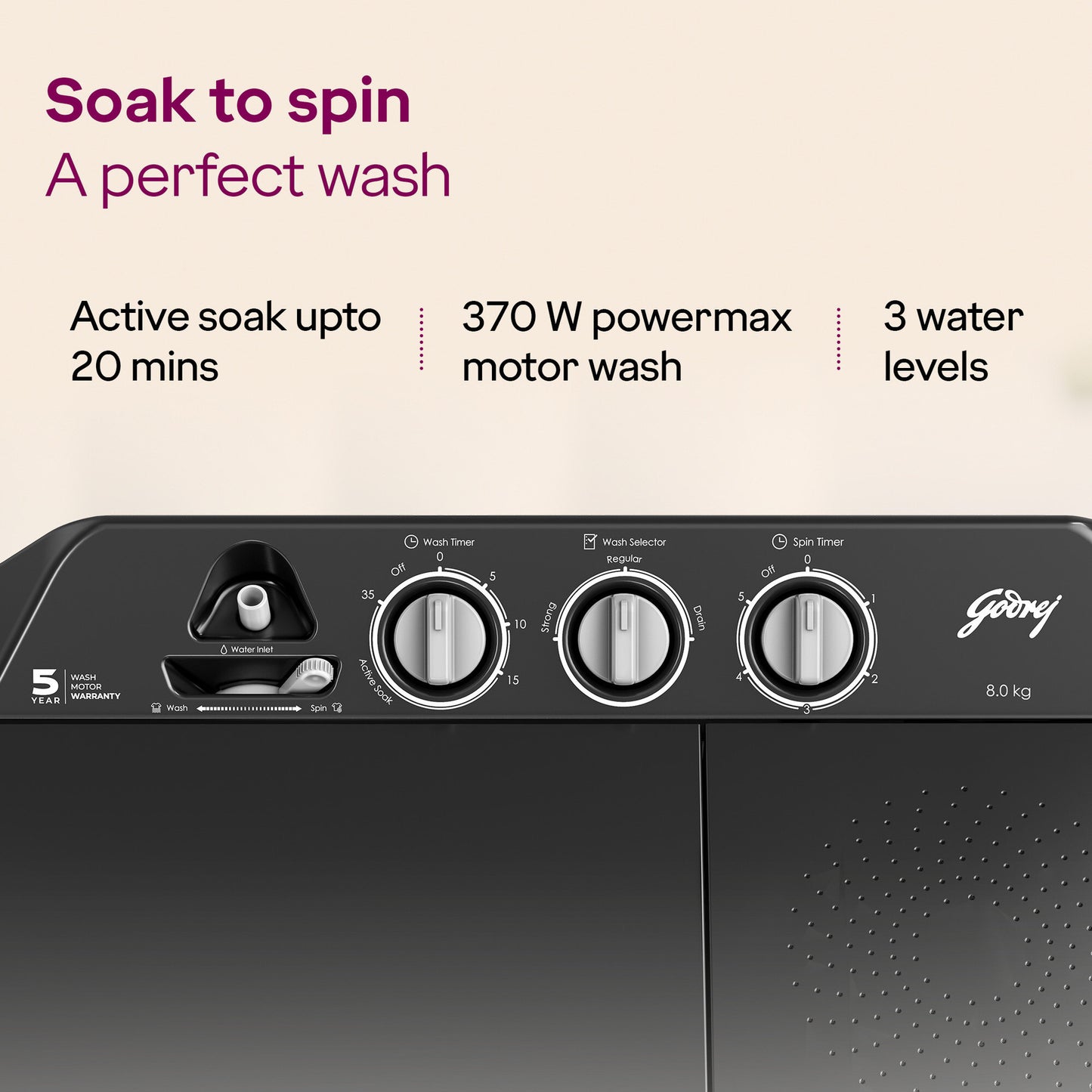 Godrej 8 kg 5 Star With Active Soak Technology With Tri Roto Scrub Pulsator Semi Automatic Top Load Grey (WSEDGE CLS 80 5.0 EN2 M CSGR)