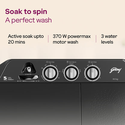 Godrej 8 kg 5 Star With Active Soak Technology With Tri Roto Scrub Pulsator Semi Automatic Top Load Grey (WSEDGE CLS 80 5.0 EN2 M CSGR)