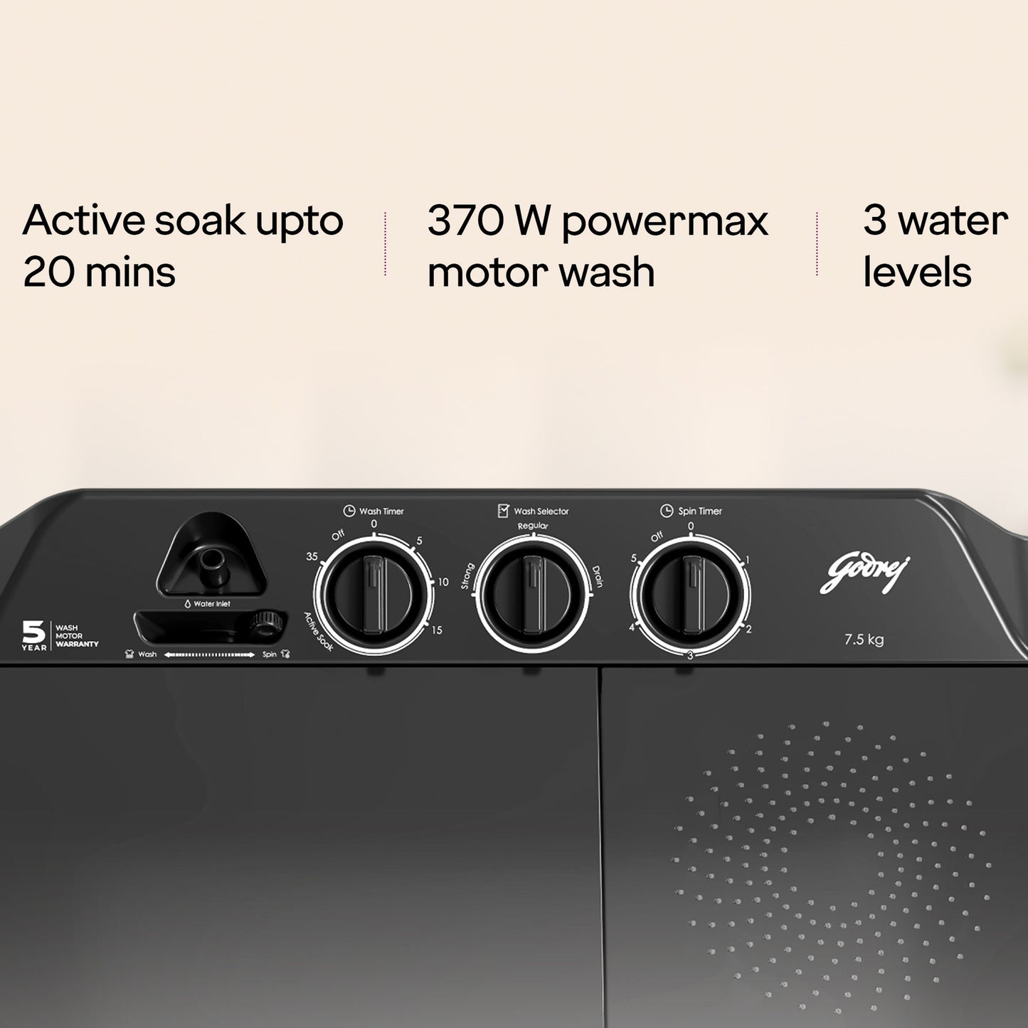 Godrej 7.5 kg 5 Star With Rain Shower Spin Washing Machine Semi Automatic Top Load Grey, White (WS EDGE CLS 75 5.0 PN2 GPGR)