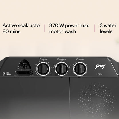 Godrej 7.5 kg 5 Star With Rain Shower Spin Washing Machine Semi Automatic Top Load Grey, White (WS EDGE CLS 75 5.0 PN2 GPGR)