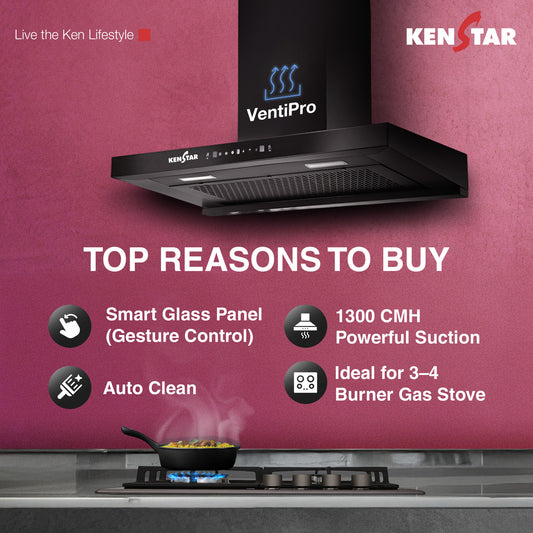 Kenstar VENTI PRO T SHAPE 90CM 1300 CMH 90 cm | Filterless | Touch Control | Motion Sensor | Energy Efficient LED Light | Powerful Suction | Auto Clean Chimney (Wall Mounted, Black)