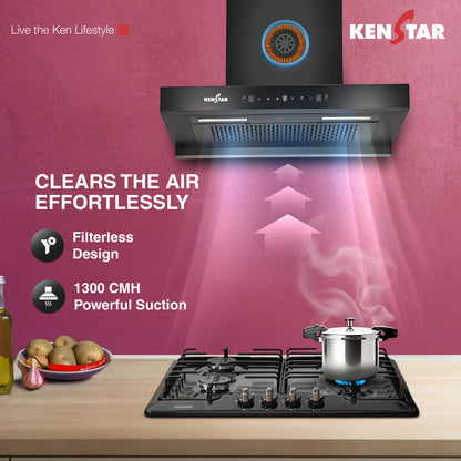 Kenstar VENTI PRO T SHAPE 90CM 1300 CMH 90 cm | Filterless | Touch Control | Motion Sensor | Energy Efficient LED Light | Powerful Suction | Auto Clean Chimney (Wall Mounted, Black)