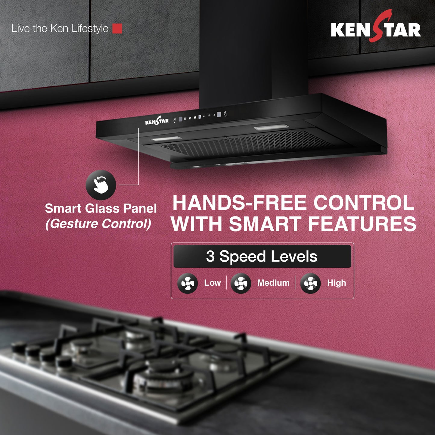 Kenstar VENTI PRO T SHAPE 90CM 1300 CMH 90 cm | Filterless | Touch Control | Motion Sensor | Energy Efficient LED Light | Powerful Suction | Auto Clean Chimney (Wall Mounted, Black)