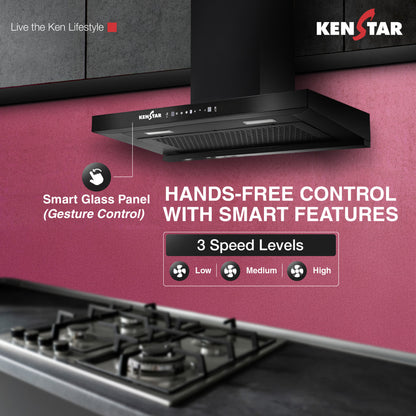 Kenstar VENTI PRO T SHAPE 90CM 1300 CMH 90 cm | Filterless | Touch Control | Motion Sensor | Energy Efficient LED Light | Powerful Suction | Auto Clean Chimney (Wall Mounted, Black)