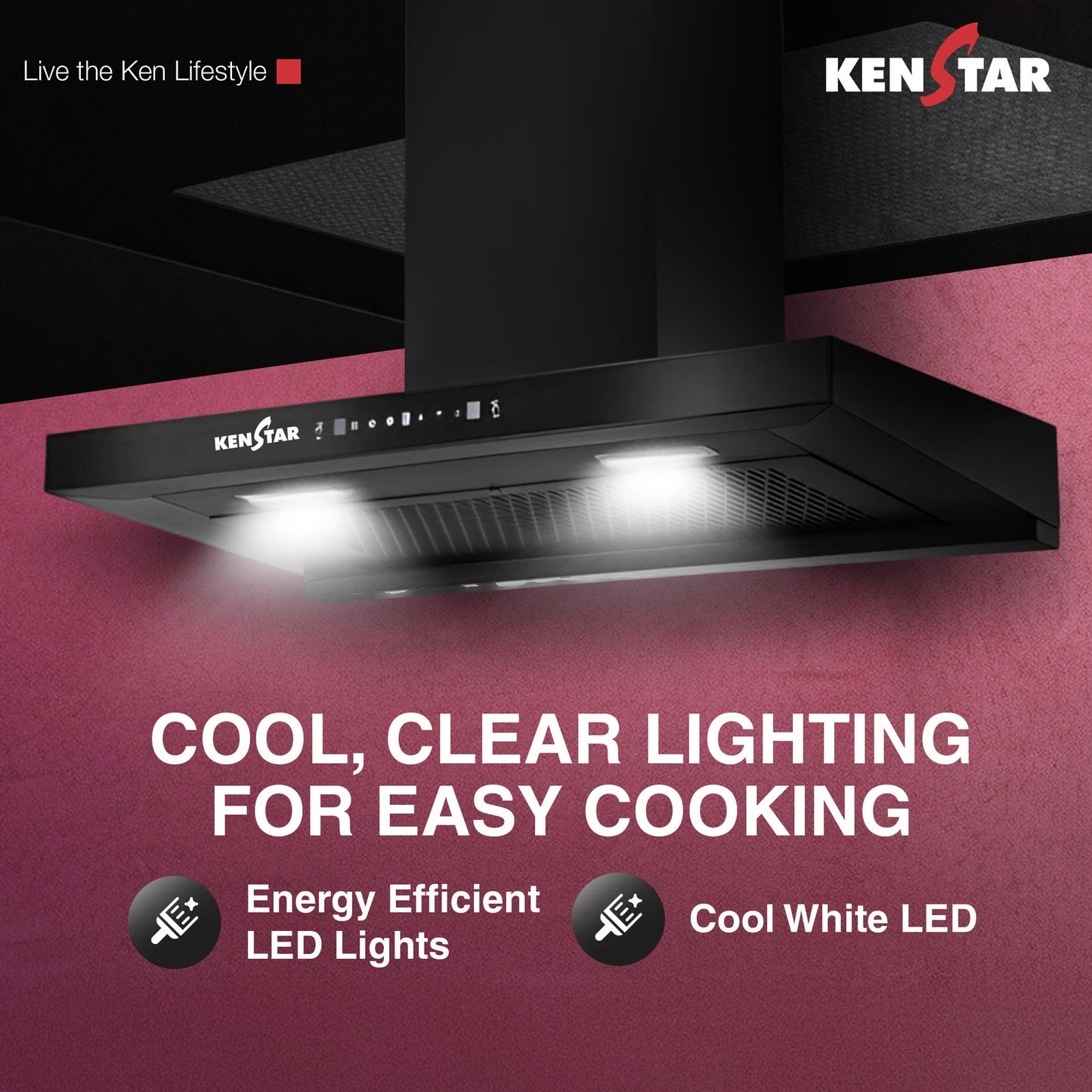 Kenstar VENTI PRO T SHAPE 90CM 1300 CMH 90 cm | Filterless | Touch Control | Motion Sensor | Energy Efficient LED Light | Powerful Suction | Auto Clean Chimney (Wall Mounted, Black)