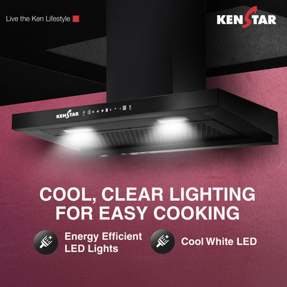 Kenstar VENTI PRO T SHAPE 90CM 1300 CMH 90 cm | Filterless | Touch Control | Motion Sensor | Energy Efficient LED Light | Powerful Suction | Auto Clean Chimney (Wall Mounted, Black)