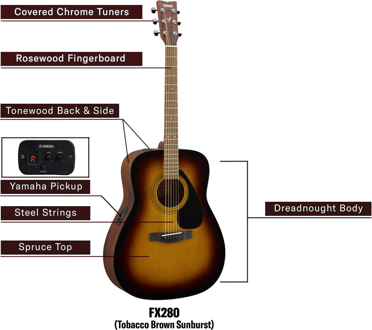 YAMAHA FX280TBS//IN Semi-acoustic Guitar Tonewood Rosewood Right Hand Orientation (Vintage Sunburst)