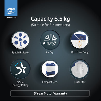 Voltas Beko 6.5 Kg 5 Star Semi-Automatic Top Loading Washing Machine (WTT65UNX/OK3I0I0W01, Blue, Pulsator wash technology)