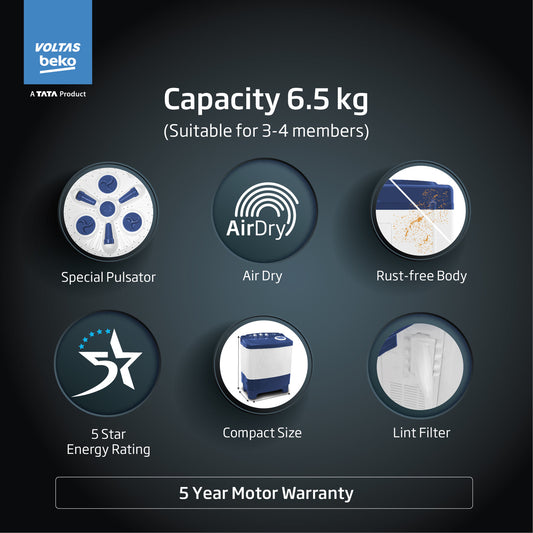 Voltas Beko 6.5 Kg 5 Star Semi-Automatic Top Loading Washing Machine (WTT65UNX/OK3I0I0W01, Blue, Pulsator wash technology)