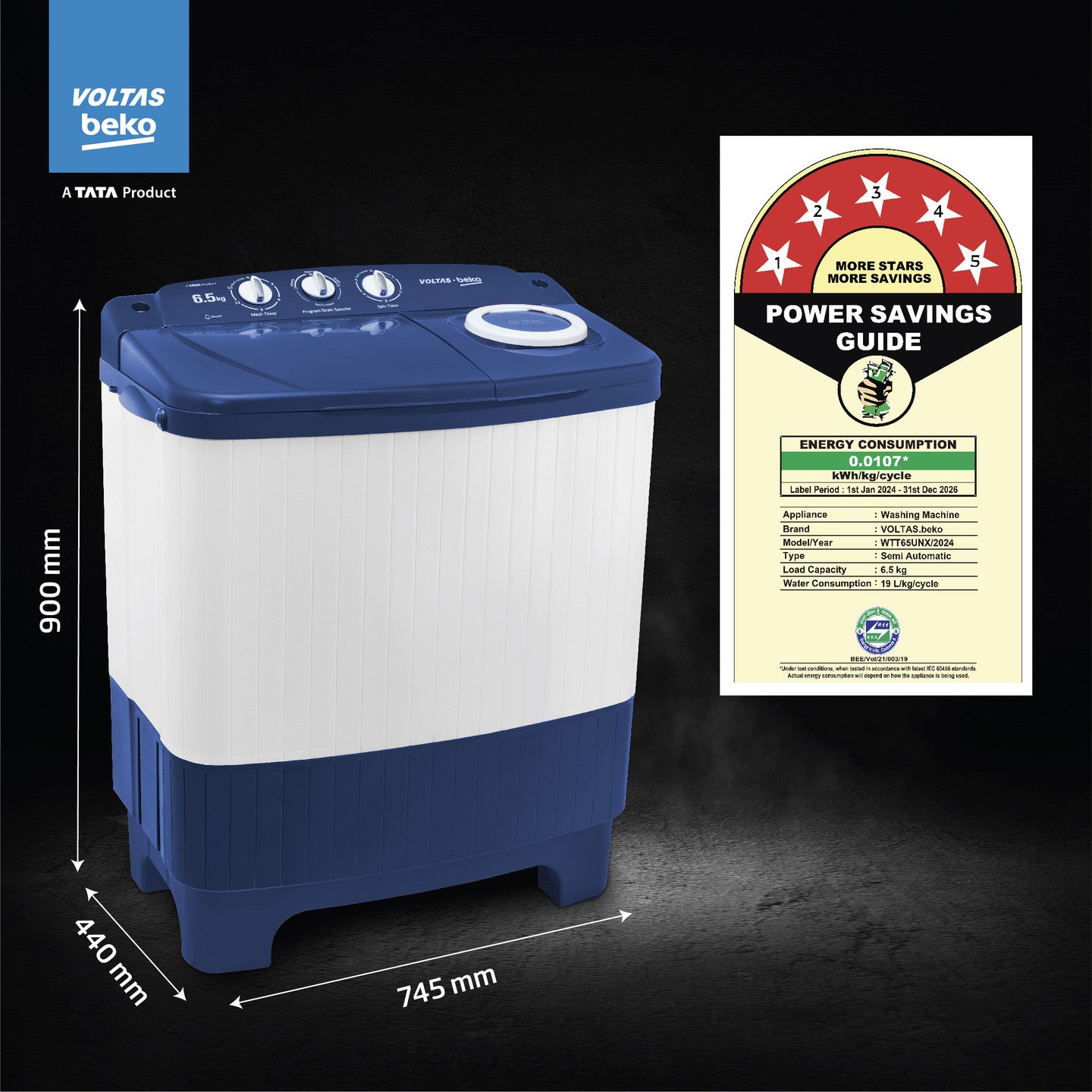 Voltas Beko 6.5 Kg 5 Star Semi-Automatic Top Loading Washing Machine (WTT65UNX/OK3I0I0W01, Blue, Pulsator wash technology)