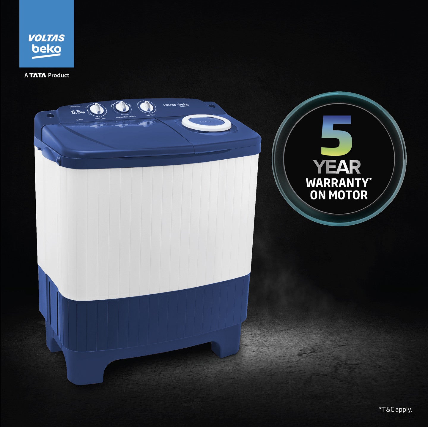 Voltas Beko 6.5 Kg 5 Star Semi-Automatic Top Loading Washing Machine (WTT65UNX/OK3I0I0W01, Blue, Pulsator wash technology)