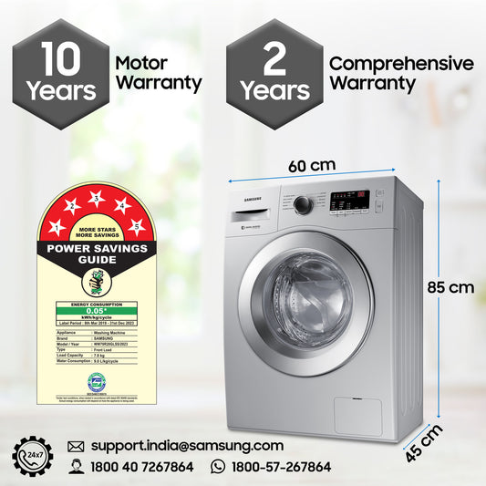 Samsung 7 kg 5 star, Hygiene Steam with Inbuilt Heater, LED Display, Diamond Drum, Digital Inverter Fully Automatic Front Load Silver (WW70R20GLSS/TL)