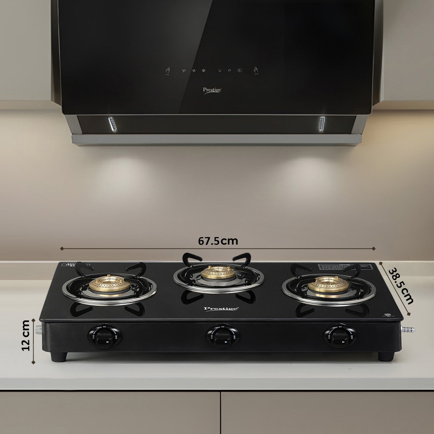 Prestige Atlas Plus High Effient Brass burner & Toughened Glass Automatic Gas Stove (3 Burners)