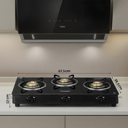 Prestige Atlas Plus High Effient Brass burner & Toughened Glass Automatic Gas Stove (3 Burners)