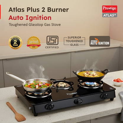 Prestige Atlas Plus High Effient Brass burner & Toughened Glass Automatic Gas Stove (3 Burners)