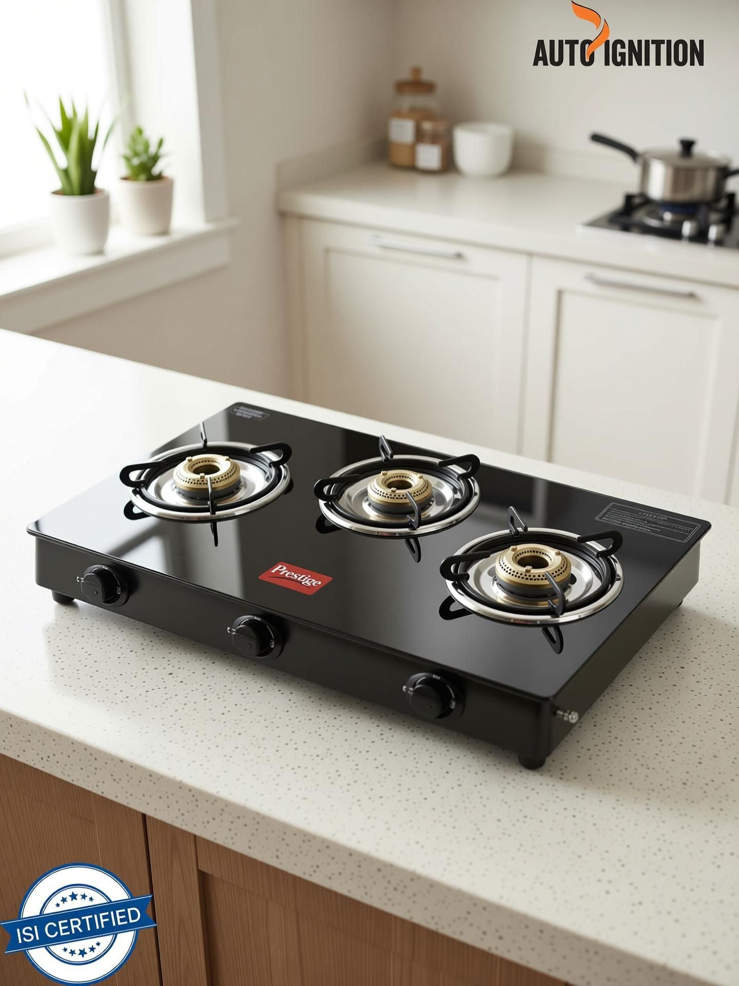 Prestige Atlas Plus High Effient Brass burner & Toughened Glass Automatic Gas Stove (3 Burners)