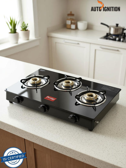Prestige Atlas Plus High Effient Brass burner & Toughened Glass Automatic Gas Stove (3 Burners)