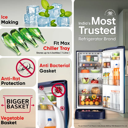 LG 185 L Direct Cool Single Door 5 Star Refrigerator with Base Drawer with Smart Inverter Compressor, Runs on Home Inverter, Fit Max Chiller Tray & 2026 Model (Blue Waterlilly, GLD1956ZABW)