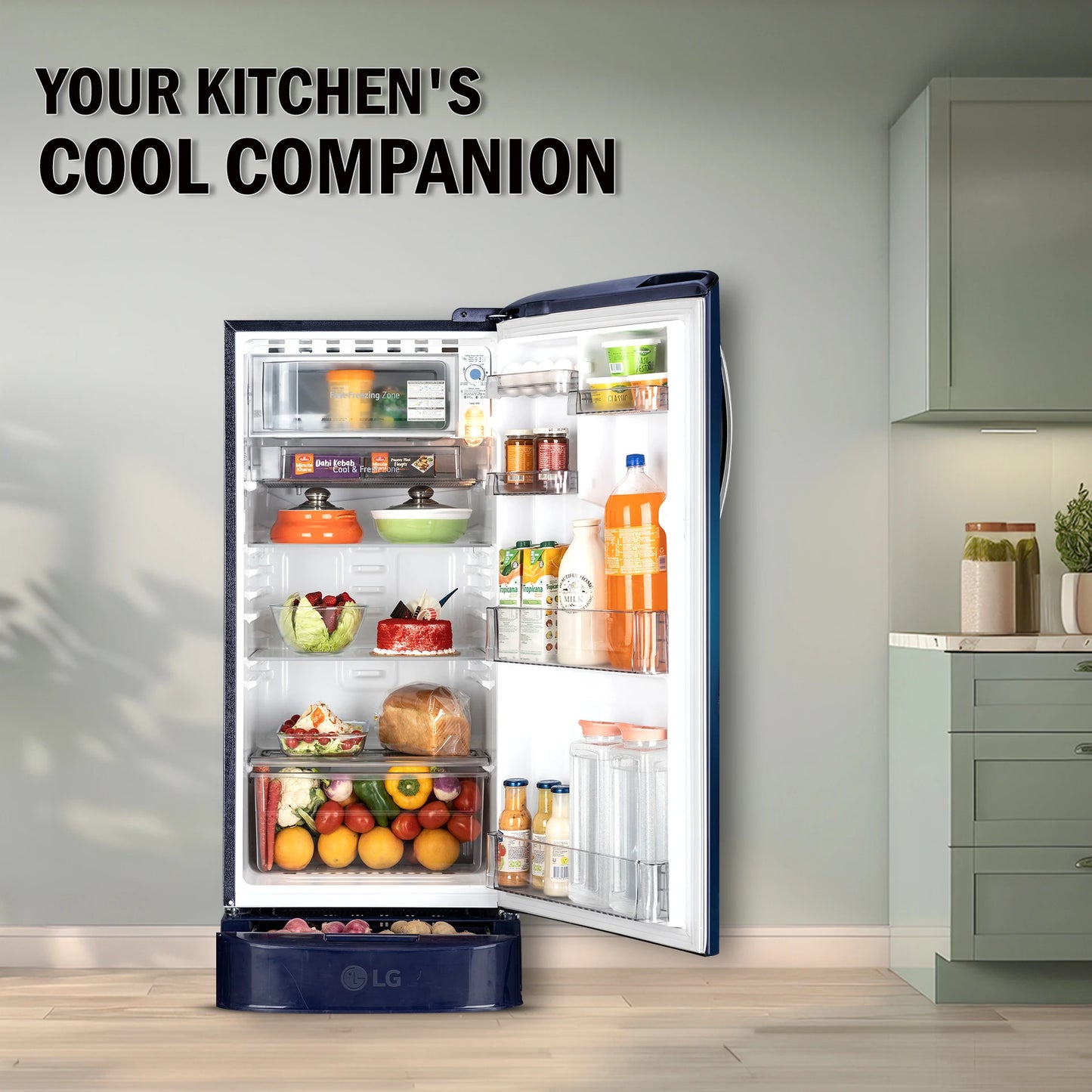 LG 185 L Direct Cool Single Door 5 Star Refrigerator with Base Drawer with Smart Inverter Compressor, Runs on Home Inverter, Fit Max Chiller Tray & 2026 Model (Blue Waterlilly, GLD1956ZABW)