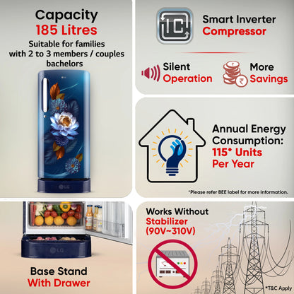 LG 185 L Direct Cool Single Door 5 Star Refrigerator with Base Drawer with Smart Inverter Compressor, Runs on Home Inverter, Fit Max Chiller Tray & 2026 Model (Blue Waterlilly, GLD1956ZABW)