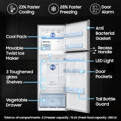 Samsung 322 L 3 Star Double Door Refrigerator, Elegant Inox RT37C4523S8/HL