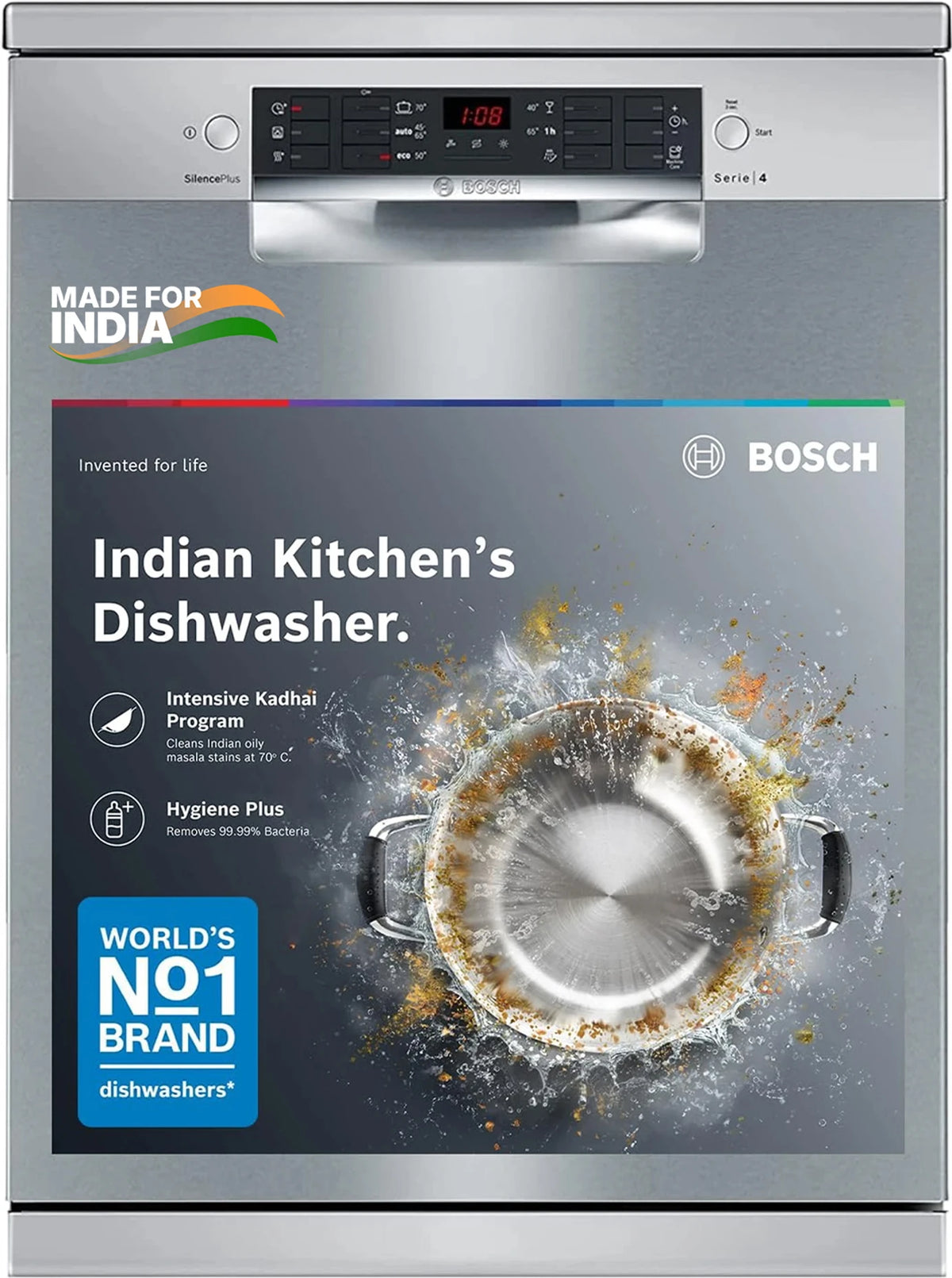 BOSCH SMS46KI03I Free Standing 15 Place Settings Intensive Kadhai Cleaning| No Pre-rinse Required Dishwasher