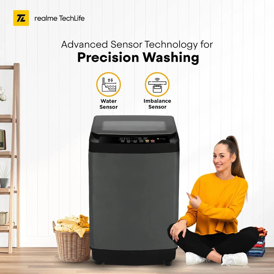 realme TechLife 7 kg 5 Star Rating Fabric Safe Wash Fully Automatic Top Load Black, Grey (RMTL705NNNEG)