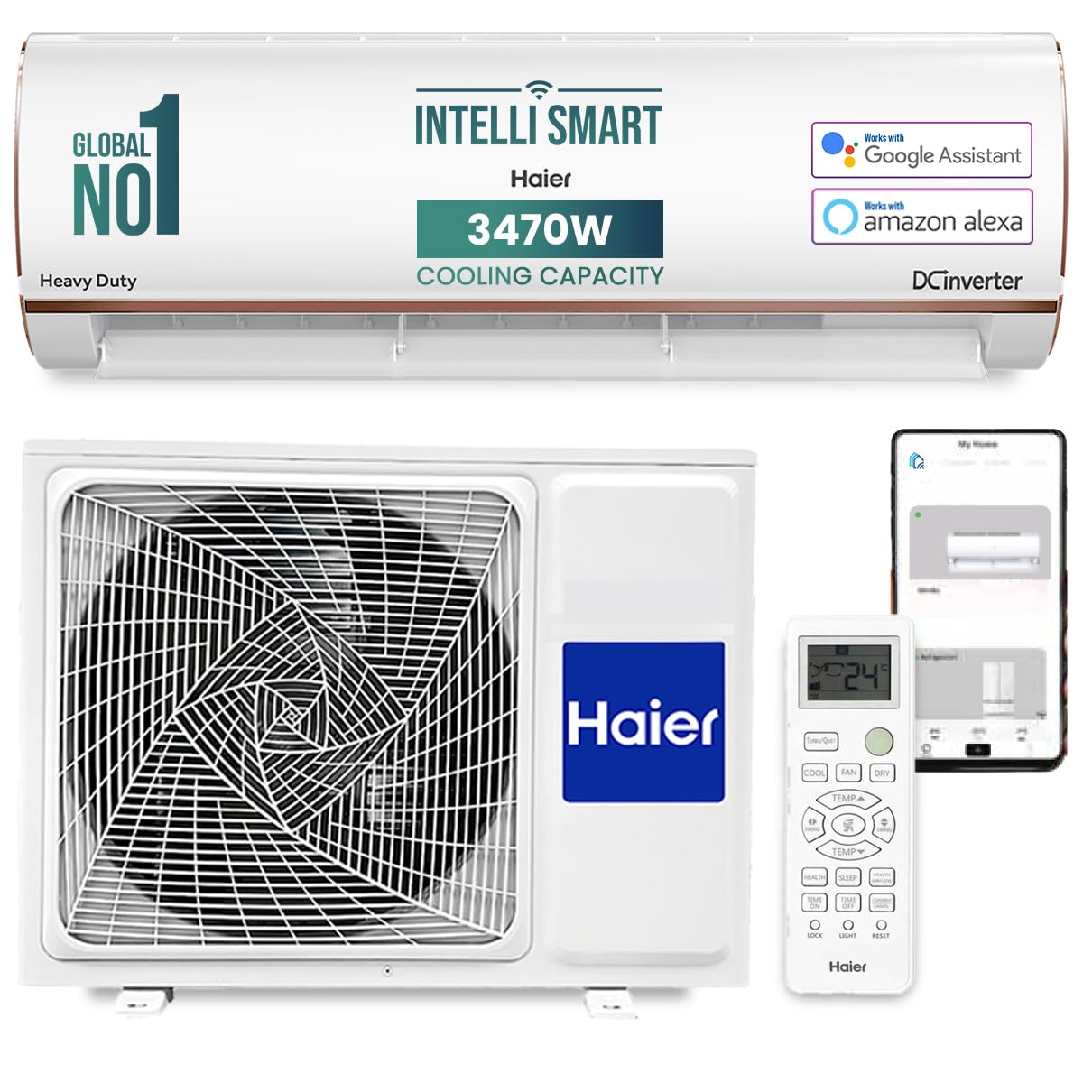 Haier 1 Ton 4 Star Smart Split AC (3470W, Copper, Wi-Fi, 4-Way Swing, 7 in 1 Convertible, Anti Bacterial Filter, Cools at 60°C Temp, 20 Mtr. Air Throw - HSU13K-PYFR4BN-INV, White)